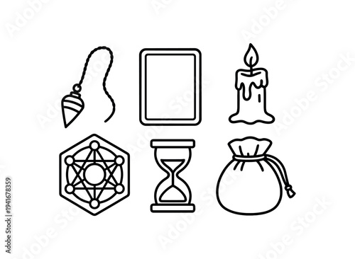 Set of six occult and divination tools icons including pendulum, tarot card, candle, sigil, hourglass, and pouch for design use flat vector icon
