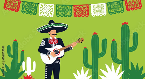 Mexican musician playing guitar with cacti and festive banners.
