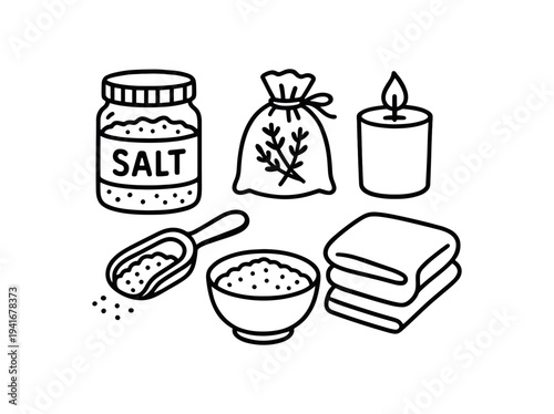 Spa salt jar, herbal pouch, candle, bowl, scoop and folded towels for bath and wellness illustration