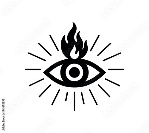 Single all-seeing eye with flame and radiating lines for mystic logo or spiritual background