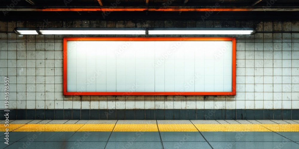 Fototapeta premium Subway station interior features blank billboard. Tiled walls, platform edge visible. Dim lighting creates dramatic effect.