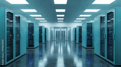 Long dark server room corridor with rows of computer racks data center