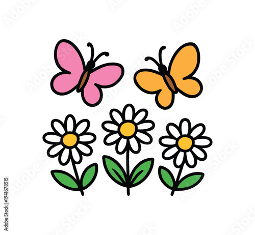 A simple playful composition of a pink and yellow butterfly hovering over three white daisies with green leaves, ideal for children’s art.