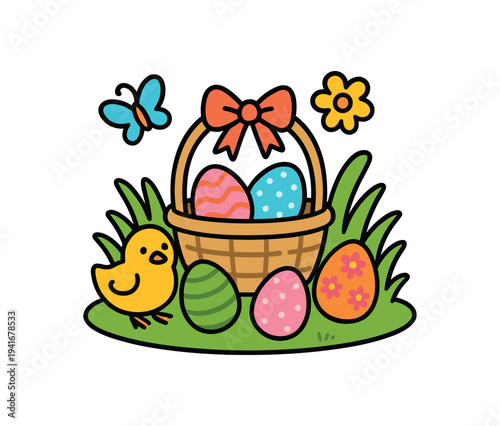 A colorful easter scene showing a woven basket filled with patterned eggs, a small yellow chick standing beside three decorated eggs on green grass, a butterfly and a flower overhead, 