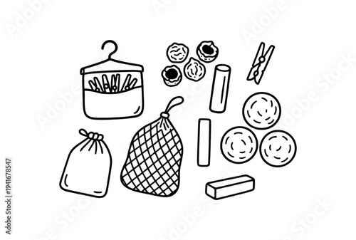 Black line icons of laundry and cleaning supplies — a hanger with clips, clothespins, net produce bag, small sacks, round soap pieces and a soap bar arranged for use as household or cleaning icon set.