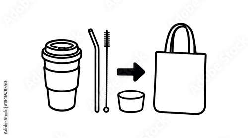 Black line icons promoting reusable items: a reusable travel cup, metal straws with cleaner, a small container and a tote bag arranged to suggest swapping disposables for sustainable choices.