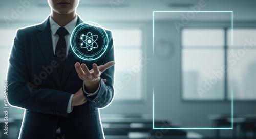 Businessman interacting with futuristic digital interface in office