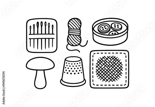 Black line icons of sewing supplies including needle case, skein of thread, tin of buttons, sewing thimble, darning mushroom and woven patch arranged as a craft tools icon collection.
