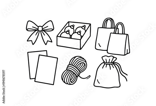 Gift and craft supply icons including bow, ornament box, shopping bags, greeting cards, yarn skein and drawstring pouch for wrapping and diy flat vector icon