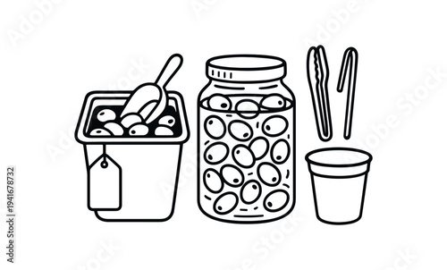 Black line icons showing a scoopable tub, a jar full of round pickles or olives, tongs and a small cup, suitable for food packaging or menu graphics.