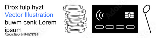 Finance, contactless payment, digital economy, banking, money management, security. A stack of coins, a credit card with wireless symbol and a magnifying glass. Contactless payment and finance