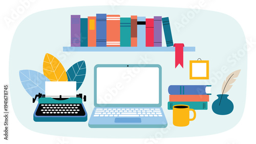 modern workspace flat illustration with laptop, books, typewriter, coffee cup and plant representing creative office desk, writing and study concept