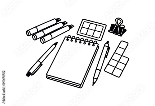 Monochrome line drawing of desk supplies including a spiral notebook, pens, markers, palette swatches, binder clip, and color chips, made for icon sets, ui, and stationery illustrations.