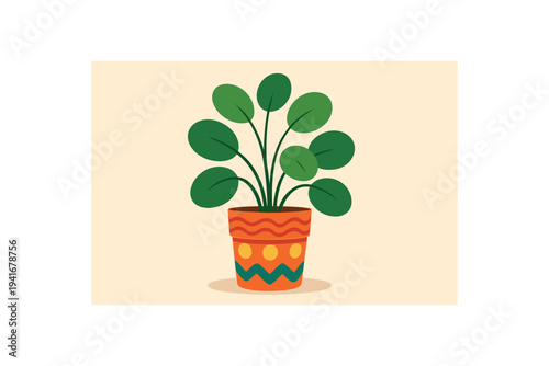 Cheerful flat illustration of a potted houseplant with round green leaves growing from a patterned terracotta pot on a soft beige background, ideal for home decor, blogs, and plant-themed designs.