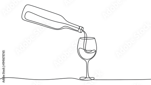wine bottle pouring into glass continuous line drawing representing celebration drink, alcohol beverage concept, bar, restaurant and winery symbol