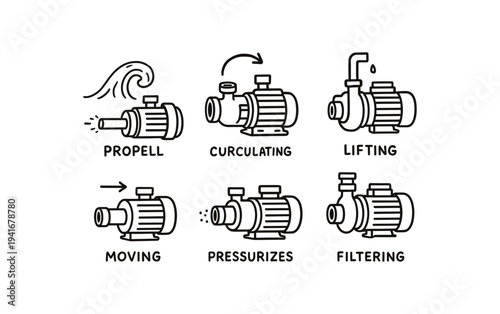 Six clean line icons of a pump showing different actions—propel, circulate, lift, move, pressurize and filter—labeled for technical or instructional use.