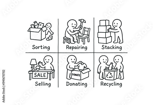 Friendly line-drawn characters showing common rehome and reuse actions—sorting, repair, stacking boxes, selling at a table, donating, and recycling—for guides or signage.