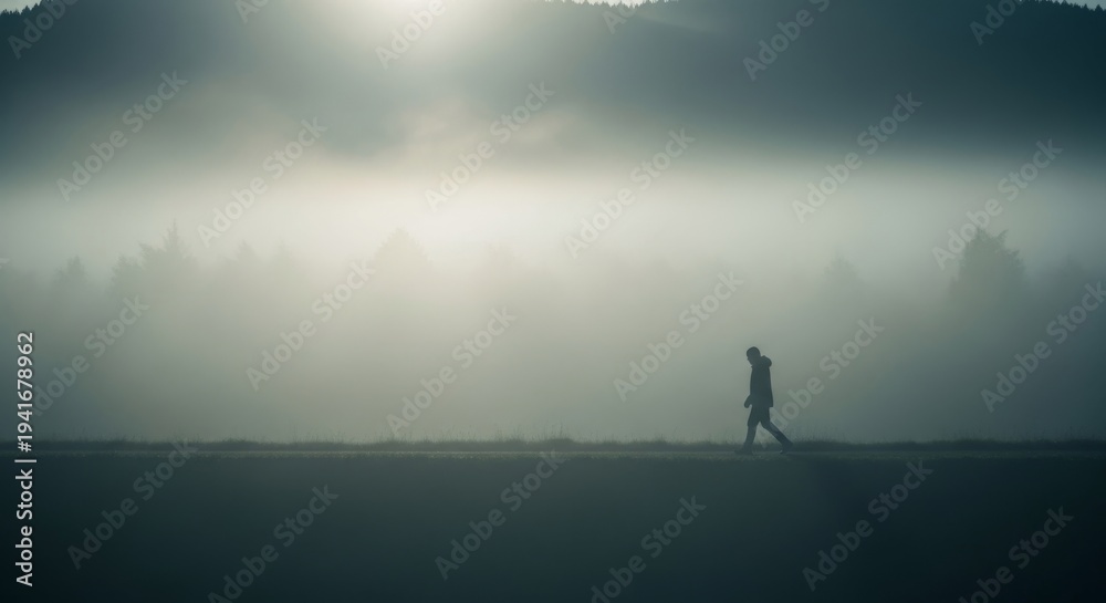 Fototapeta premium Lone figure walking through foggy atmosphere at dawn