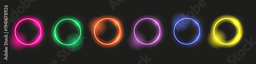 Neon glowing circle light effects collection. Colorful illuminated rings isolated on dark background. Futuristic energy glow vector elements