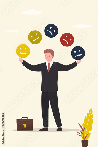 Male character juggles emoticons. Emotional balance concept. Confident man develops emotional intelligence, definition of mood. Consciousness, self development