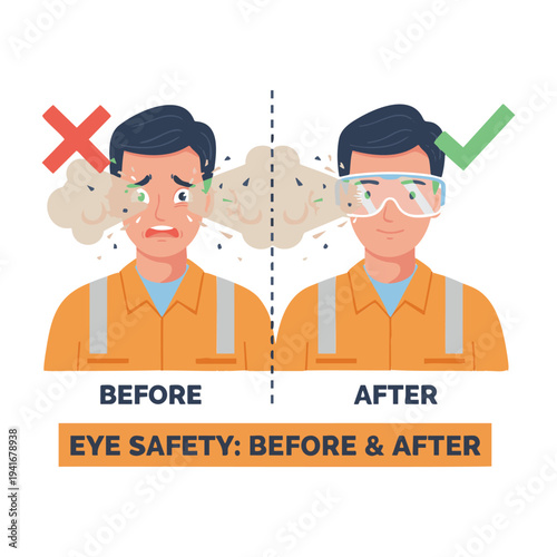 Eye safety before and after, worker with and without goggles