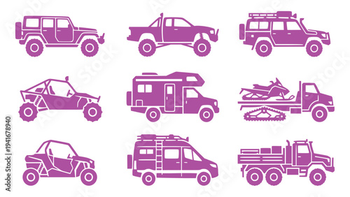 Collection of nine orchid vehicle silhouettes on white background, featuring jeeps, trucks, trailers, and vans for adventure and offroad enthusiasts to use in media.