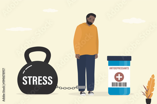Frustrated man with depression chained to stress. Sad guy fighting anxiety with antidepressants. Drugs addiction. Mental health concept for banner, website design.