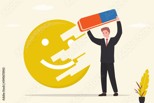 Businessman erases giant yellow smiley face with large eraser, revealing sad expression. It represents emotional burnout, faking happiness at work and mental health struggles. flat vector illustration