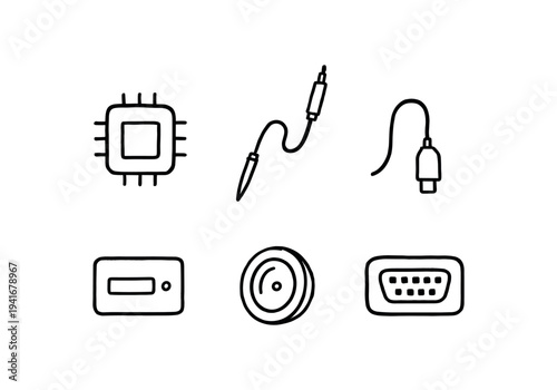Six hand-drawn line icons of electronic components and connectors — microchip, probe, cable, usb, drive and port — for ui or tech illustrations.