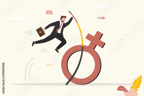 Confident businessman pole vaults over female gender symbol. Overcomes problem of gender relations. Defend their rights, confront the problem of gender inequality in business