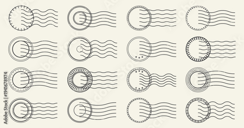 Vintage postal stamp marks set. Circular seals with wavy cancellation lines in retro ink style. Old mail postmark vector elements