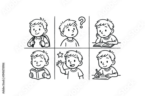 Six hand-drawn panels of a schoolboy in different poses and expressions — carrying a backpack, puzzled, reading, smiling, waving and writing — for classroom or learning designs.