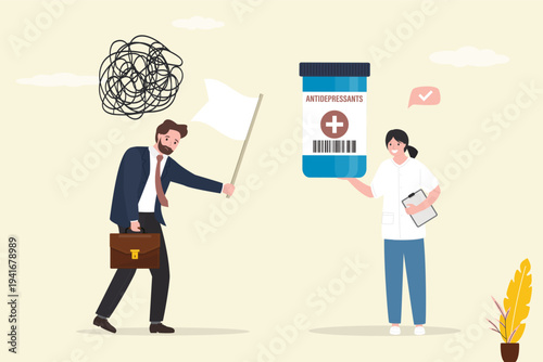 Frustrated man with depression holding white flag, stress. Sad guy fighting anxiety with antidepressants. Mental health, pharmacist or psychologist give bottle with pills