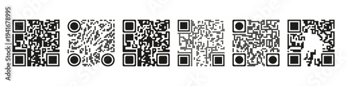 QR code collection with different graphic styles. Square scanning barcodes with dots, pixels and rounded modules. Modern technology vector symbols