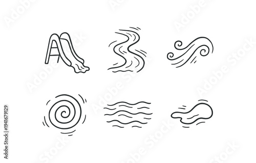 Six hand-drawn line icons representing a playground slide, flowing river, wind curl, spiral vortex, calm waves, and small splash to convey water and motion.