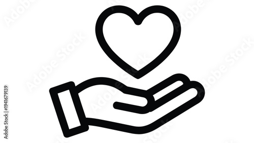 hand holding heart line icon representing love, care, charity support, compassion, kindness and donation concept for social help and community aid