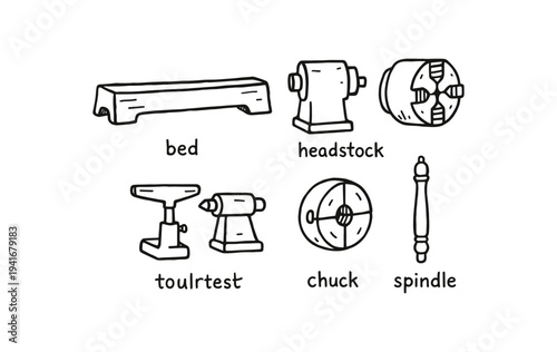 Clean black line icons of lathe parts — bed, headstock, chuck, tailstock, spindle and related tool elements — labeled for technical guides, repair manuals, and training materials.
