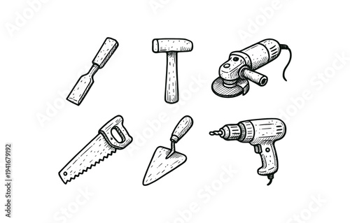 Hand tool icons set showing chisel, mallet, angle grinder, handsaw, trowel, and drill for workshop and diy flat vector illustration