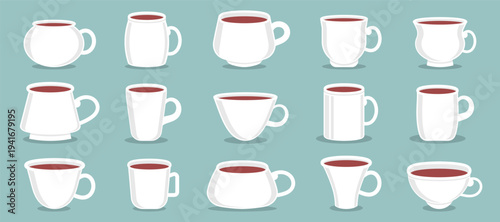 Collection of ceramic coffee and tea cups in different shapes. Minimal flat vector mugs filled with hot drink
