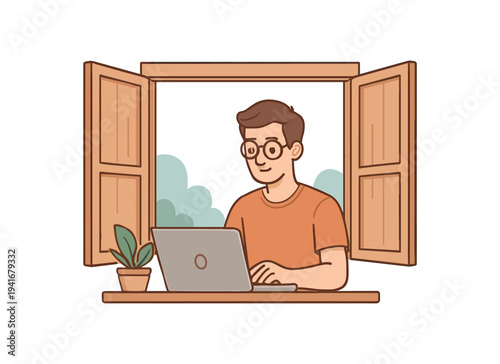 A person wearing glasses types on a laptop at a windowsill desk, with an open window, and a small potted plant beside them. remote work, study, or casual home office, flat style.