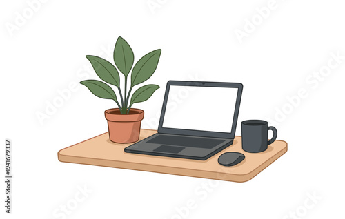 A clean home office arrangement with an open laptop, wireless mouse, potted plant, and coffee mug placed on a wooden tray, conveying a neat remote work or study space.