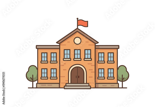 Cute cartoon brick schoolhouse with central entrance, windows, flag on roof and trees on either side for school or institutional design