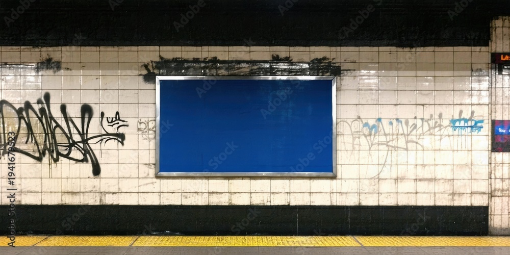 Obraz premium Subway station wall features tiled surface, graffiti, blank blue poster. Platform edge visible below, dark ambiance overall.