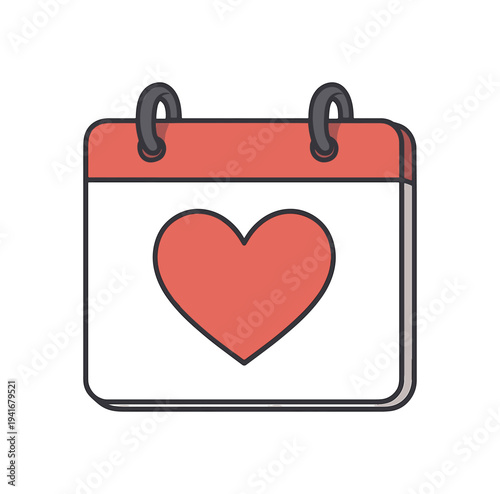 Simple square calendar icon with a red heart in the center and red header, suitable for reminders, events, or romantic date markers.