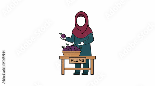 Woman in Hijab Selling Plums at a Market Stall Detailed Vector Illustration Flat Design