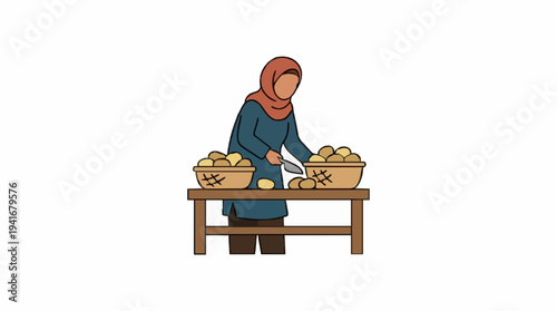 Woman in Headscarf Sorting Potatoes at a Wooden Table Displaying Abundance of Produce