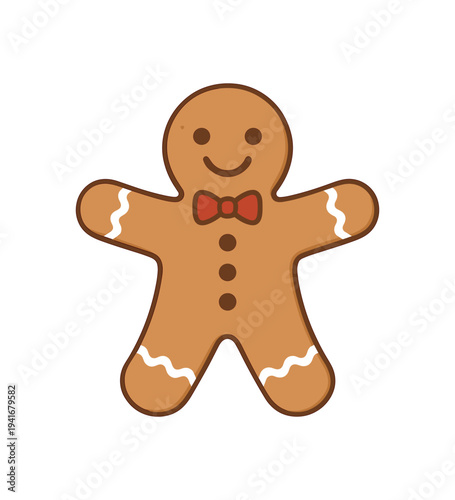 Cute gingerbread man cookie with white icing details, three buttons and a red bow tie, great for holiday cards, stickers, or festive backgrounds.