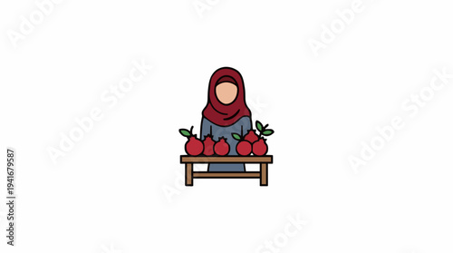 Woman in hijab selling red fruits on a wooden stall with green leaves against a white background vector illustration