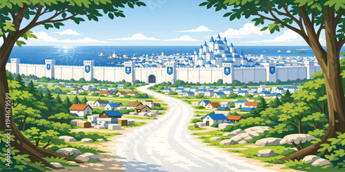 A scenic summer travel panorama features a winding road through a green park garden, urban city buildings with modern architecture, and a quiet village house nestled by a nature hill