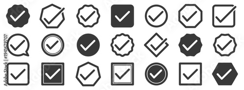Check mark verification icon collection in different geometric shapes. Includes circle, square, hexagon, badge and speech bubble confirmation symbols